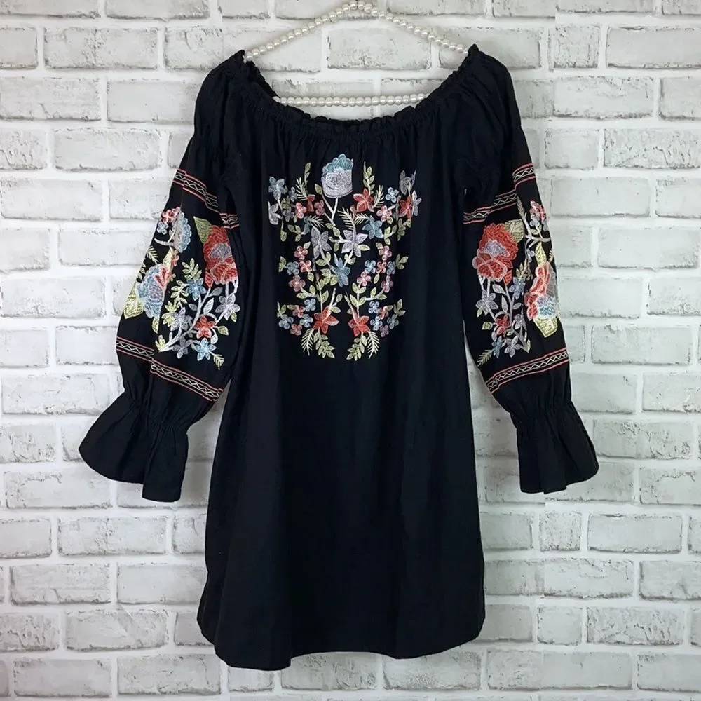 Free People Fluer Du Jour Black Dress Floral Multicolor Embroidery Med